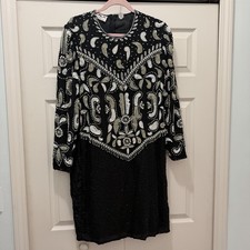 Vtg 80s Scala XL Black 100% Silk Beaded Sequin Dress Paisley Pearl Art Deco Mini picture
