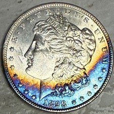1898 -P Morgan Silver Dollar BU Monster Rainbow Crescent Toned See Video🌈 picture