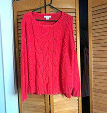 Liz Claiborne Womens Coral Solid Cable Knit Scoop Neck Long Sleeve Sweater M picture