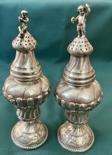 FABULOUS PAIR 800 SILVER ANTIQUE GERMAN SALT/PEPPER SHAKERS FIGURAL TOPS 364 GR picture