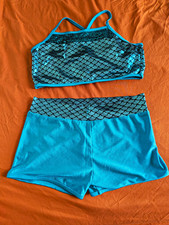 iEFiEL Girls Blue Mermaid Scale 2-Piece Crop Top & Shorts Set Size 14 picture