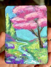 ACEO Original Cosmic Nature 51 Acrylic Painting Art OOAK⁠ By The Stream Tree picture