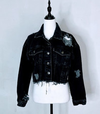 Forever 21 Women's Black Distressed Cropped Denim Jacket picture
