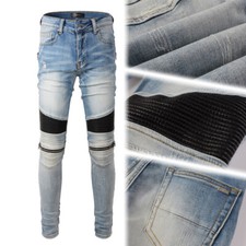 Men's Punk PU Patchwork Skinny Ripped Cotton Stretch Denim Distressed Jeans picture