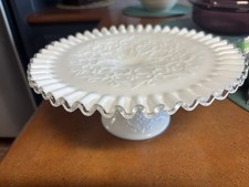 Vintage Fenton White Milk Glass Cake Stand Pedestal Plate Spanish Lace Unused picture