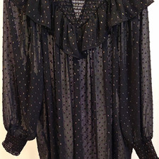 Cupio Women’s 2X Plus Black Chiffon Sheer Polka Dot Ruffle Smocked Blouse picture