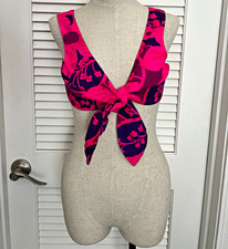 Vintage 60s/70s Penneys Hawaii Floral Tie-Front crop Top Pink Purple neon xs picture
