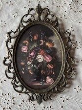 Vintage Italian Oval Brass Ornate Frame Floral Picture Convex Bubble Glass Italy picture