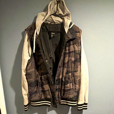 Bar III Men's Regular Size L Gray Black Camo Hooded Varsity Jacket picture