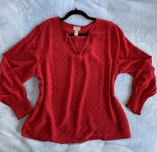 Chico's Salsa Red Swiss Dot Career Blouse sz 2 Scarlet Dramatic Dance Top Large picture