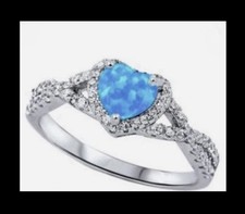 DEAL FINE Exquisite 925SS Blue Fire Opal CZ Halo Heart Infinity Ring Size 10 picture