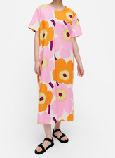 Marimekko Kemut Unikko Floral Maxi Short Sleeve Orange Pink Dress EU 38/8 picture