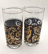 Pair Vintage MCM Black & 22K Gold Filigree Highball Tumbler Glasses  picture