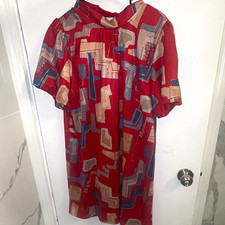 VOY Red Geometric Chiffon V-Neck Tie Fit & Flare Dress One Size Knee Length picture