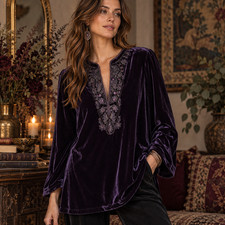 New Purple Velvet Tunic Top Sz M Beaded Embroidered Boho Whimsigoth Witchy picture