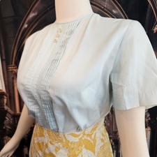 Vintage 1960s Macshore Classics Blue Pleated Bib Button Back Blouse Size 15-36 picture