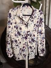 VTG 70s Fire Islander Woman Floral Blouse 38 Polyester Dagger Collar M picture