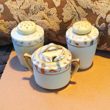 Nippon Hand Painted Porcelain Salt & Pepper Shakers Set w Lidded Jar Spoon TS picture