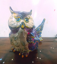 Vintage AFD 2003 Ceramic Owl tea lite holder Majolica Purple Blue Whimsical  picture