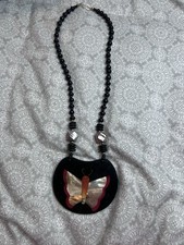 Vintage Lee Sands Style Butterfly Necklace MOP Inlay Black Resin Statement 80s picture
