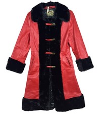 Vintage A Foxama Model Cossack Coat Med Cherry Red Leather Faux Fur Trim England picture