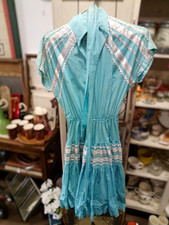 50's Western Fashions Denver CO Blue Short Sleeve Dress w/ Silver Lace Trim picture