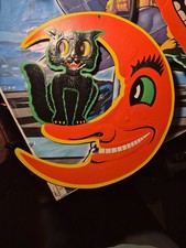 Vintage BEISTLE Embossed  Halloween Die Cut Decoration Smiling Moon & Black Cat picture