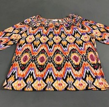 Chico's Women's Size 2 Ikat Multicolor Scoop Neck 3/4 Sleeve Knit Blouse NWT picture
