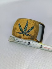 70s Tech Ether Guild Great Lakes Brass Pot Leaf Buckle Crushed Opal Inlay picture