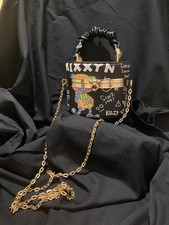 Black Graffiti Cartoon Print Cylinder Crossbody Handbag Gold Chain, Clasp picture