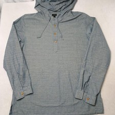 JCrew Pullover Mens L Blue Chambray Hooded Henley Lightweight 100% Cotton Work picture