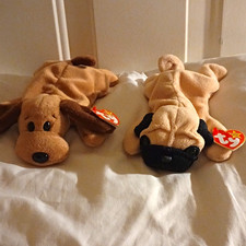 Ty Teenie Beanies Plush Lot Bones Dog & Pugsly Pug Retired 1996 Vintage 4106 picture