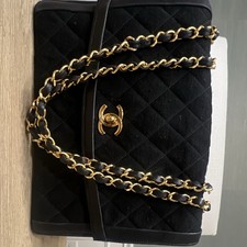 Vintage CHANEL 1985 Black Quilted Jersey Flap Bag 24K Gold Chain Authenticated picture