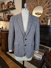 Vintage Harris Tweed Mens 36S Blue Houndstooth Sport Coat Leather Buttons USA picture