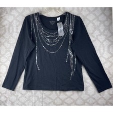 Chico's Salsa Sequin Necklace Top Women 1 M Black NWT Long Sleeve Cotton Stretch picture