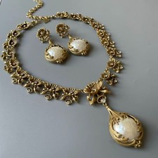 Victorian Pearl Necklace Earrings Set Antique Gold Statement Jewelry picture