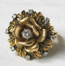 BIG Vintage 13k - 14k Diamond Rose 3D Flower Cocktail Ring Textured Leaves 10.5g picture
