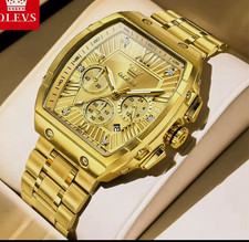 OLEVS Tonneau Quartz Men's Watch Date Luminous 30m Gold Dial Metal Bracelet picture