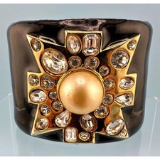 Vintage KJL Kenneth Lane Cuff Bracelet Maltese Cross Enamel Crystal Faux Pearl picture