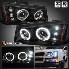 Fit 2003-2007 Chevy Silverado Avalanche Black Projector Headlights LED Halo Pair picture