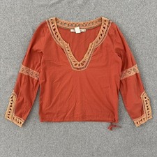 Monoreno Blouse Womens Medium Boho Crochet Lace V-Neck Cotton Rust Orange picture