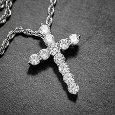 Elegant Iced Cz White Gold Plated Small Cross Pendant And Rope Chain Necklace picture