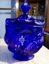 Fenton Paisley Swirl Candy Dish w/ Lid Blue Daisies Hand Painted Signed picture