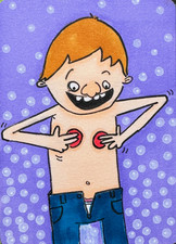 Nipples Man Rubbing Red  ACEO ATC Original Art Card Alcohol Marker Humor Cartoon picture