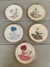 Vintage 1970’s Crewel Embroidery Lot of 5 Framed Finished In Hoops picture