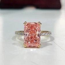 IGI Certified 3Ct Fancy Vivid Pink Radiant Lab Grown Diamond Ring 14K YellowGold picture