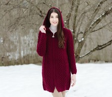 SAOL 100% Merino Wool Irish Cardigan Aran Long Cable Knit Cardigan for Women picture
