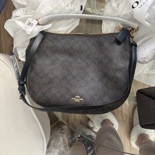 Coach Elle Hobo Signature Logo Canvas/Leather Brown Black Gold Zip Shoulder Bag picture
