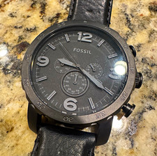 Fossil JR1354 Men's Quartz Chronograph Black Dial Leather Strap 5 ATM picture