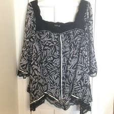 Ivy Chic Blouse XL Black White Leaf Print Lace Trim Sheer Lined Boho Top picture